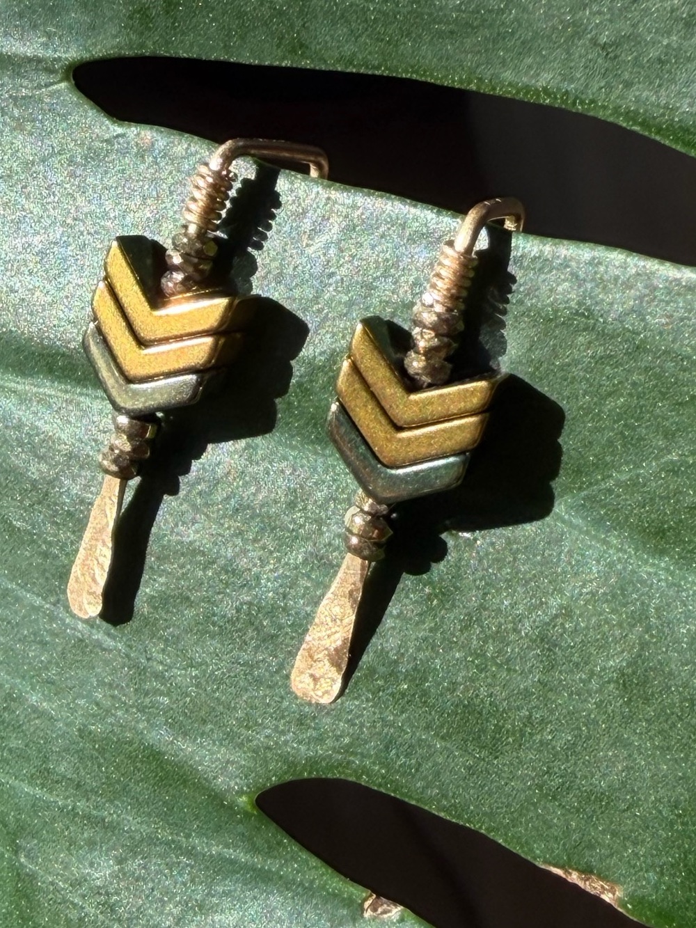 14K Gold Fill Threader Minimalist Earrings - Olive Green and Gold - NWOT